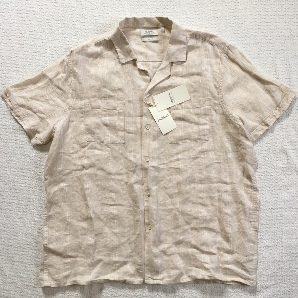 Murano Baird McNutt Linen Shirt Mens XXL Slim Fit Cream Short Sleeve‎ NWT $110